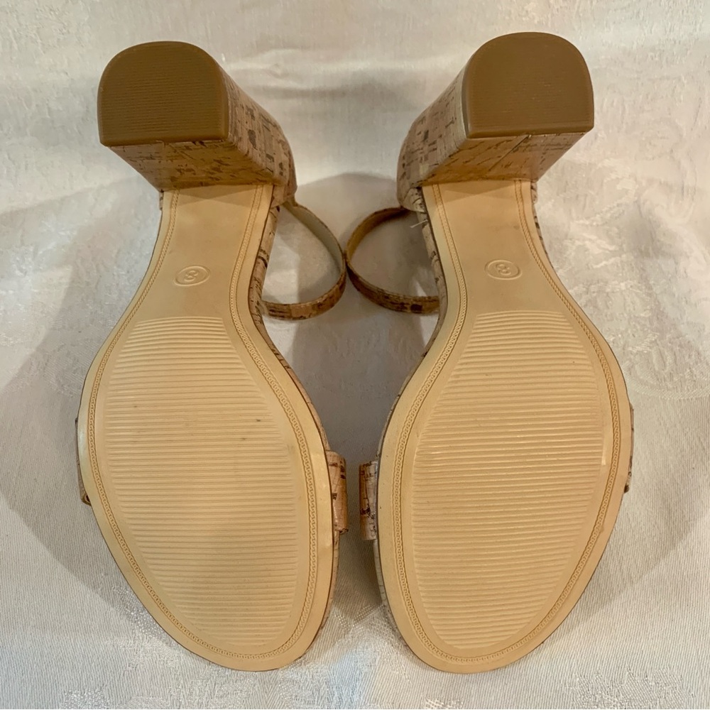 Sexy Ankle Strap 3.75” High Block Heel Open Toe Sandals Faux Cork Design Size 8 - Picture 7 of 15